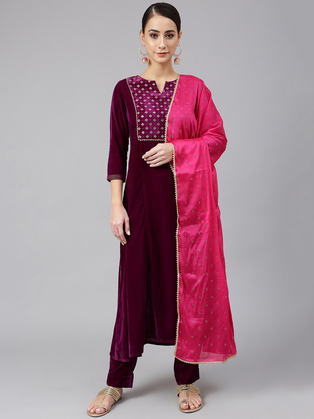 

Janasya Women Purple Printed Velvet Kurta with Trousers & Dupatta