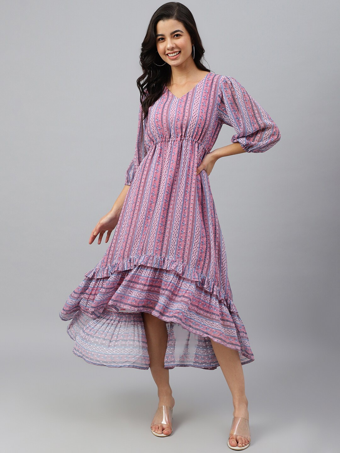 

Janasya Women Dobby Georgette Digital Print High Low Western Dress, Pink