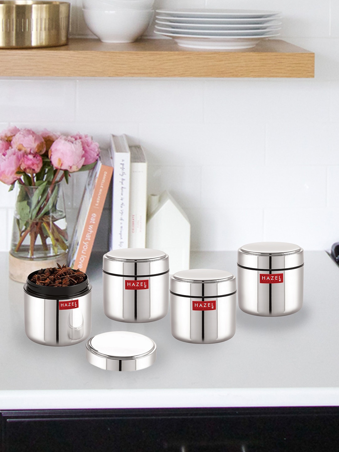 

HAZEL Set Of 4 Stainless Steel Mini Airtight Storage Container 400 ML, Silver