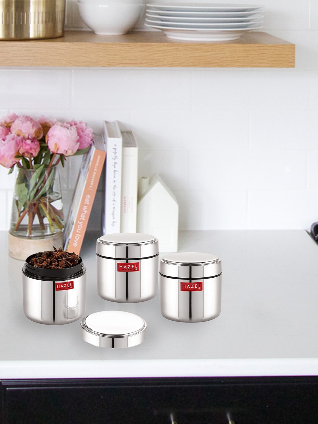 

HAZEL Set Of 3 Stainless Steel Mini Airtight Food Storage Containers 400 ml Each, Silver