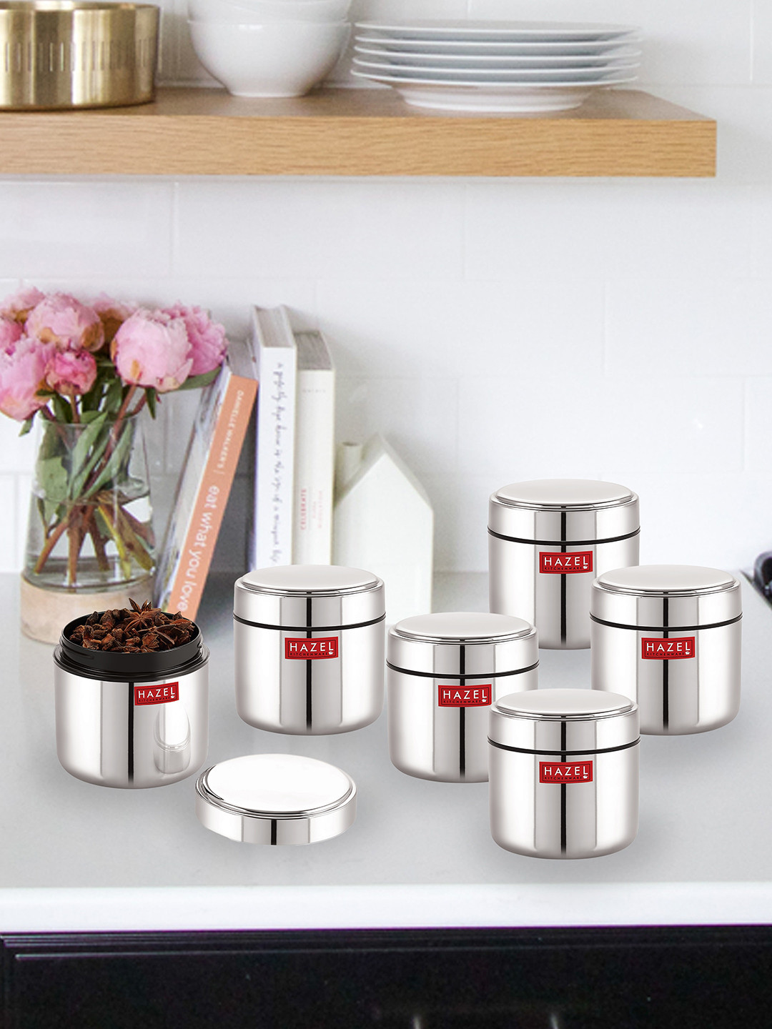

HAZEL Set Of 6 Stainless Steel Mini Airtight Food Storage Containers 400 ml Each, Silver