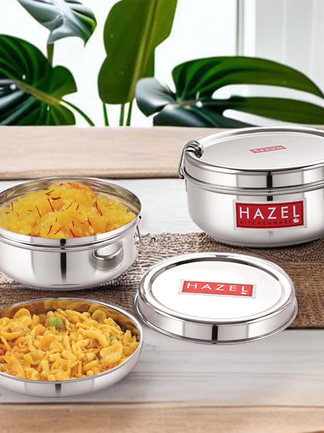 

HAZEL Set Of 2 Stainless Steel Tiffin Lunch Container With Locking Clip 500 & 700 ML, Silver