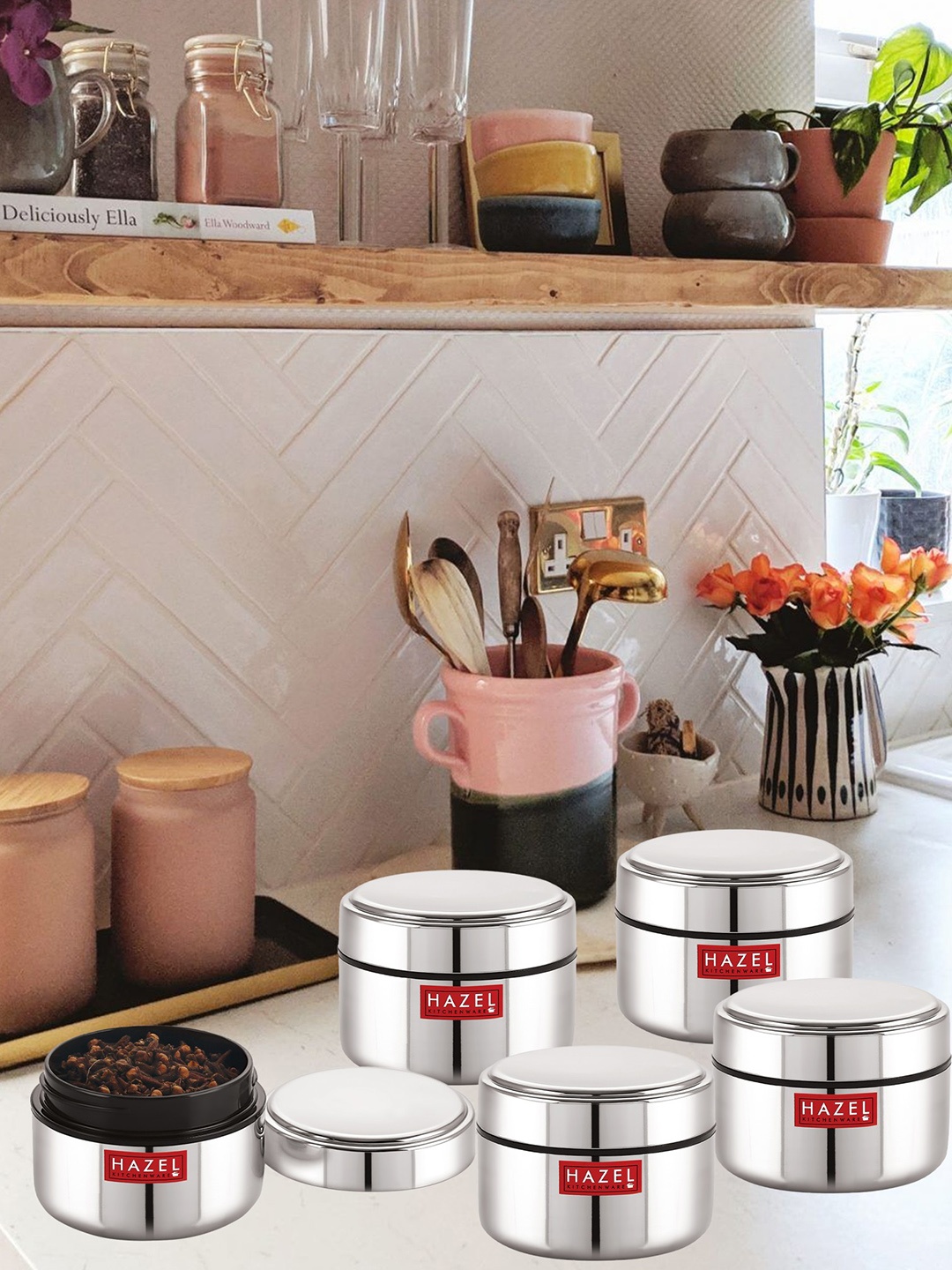 

HAZEL Set Of 5 Stainless Steel Mini Airtight Storage Container 250 ML, Silver