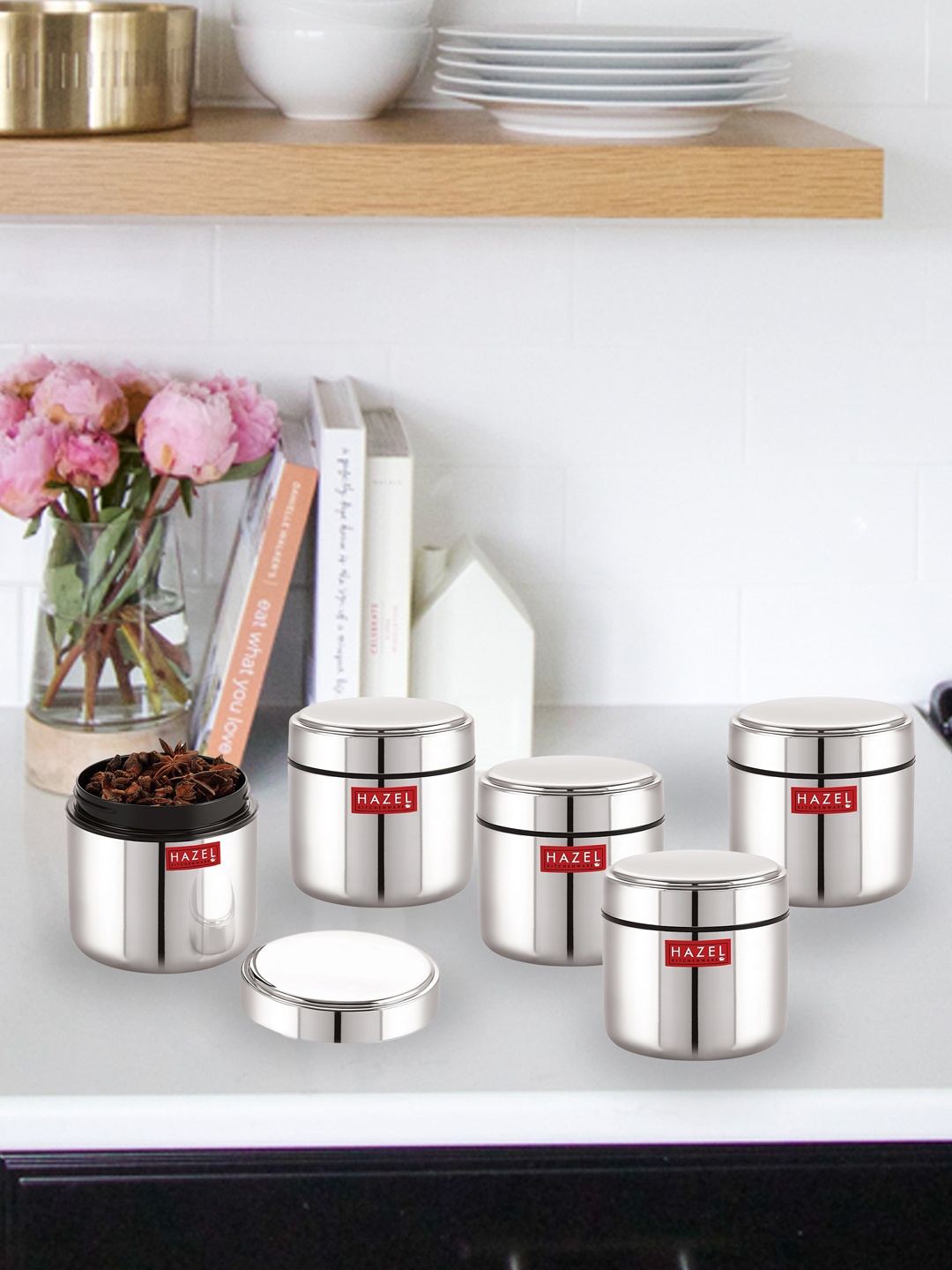

HAZEL Set Of 5 Stainless Steel Mini Airtight Storage Containers 400 ML, Silver