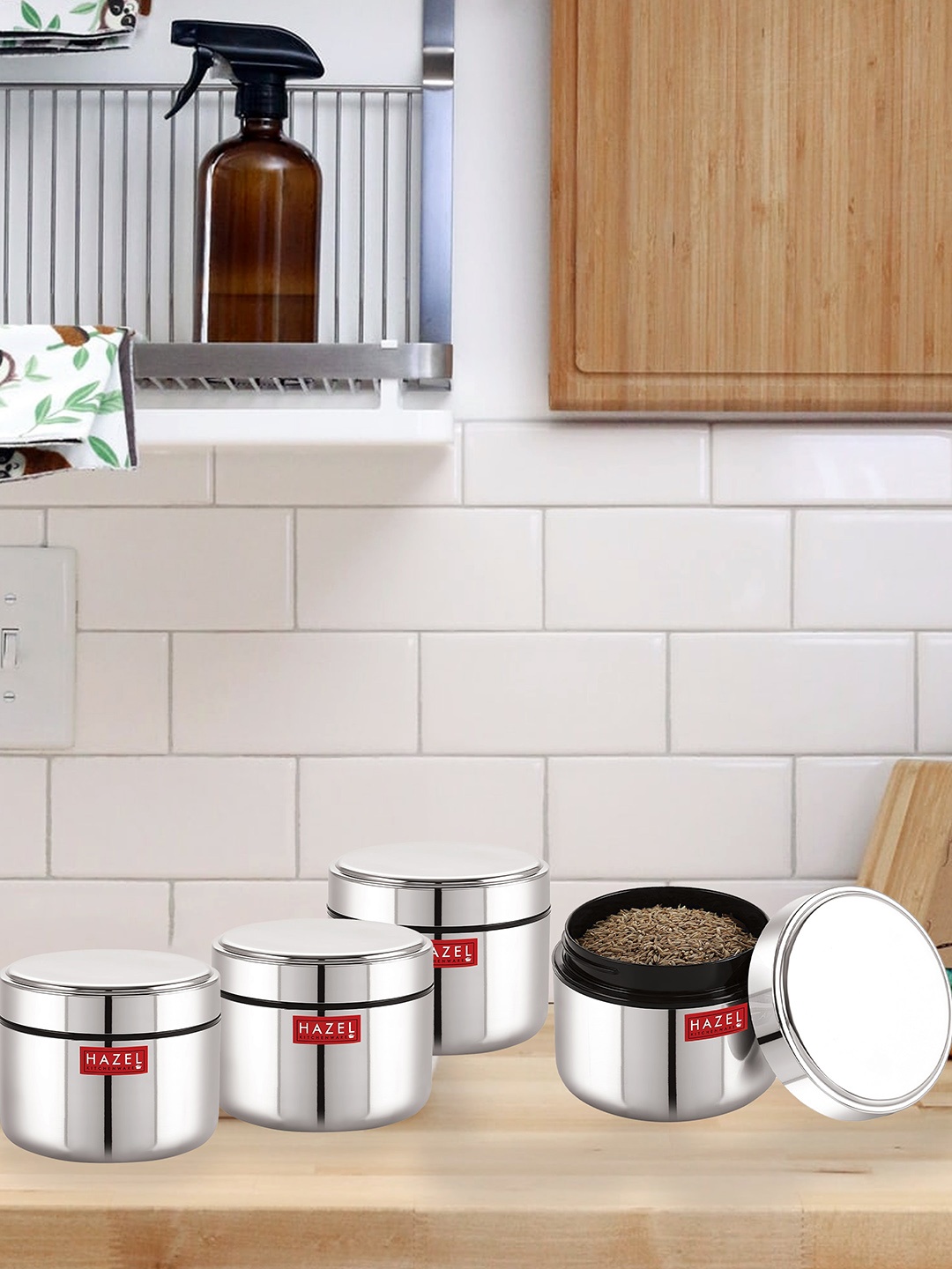 

HAZEL Set Of 4 Stainless Steel Dishwasher Safe Containers 500 ML, Silver
