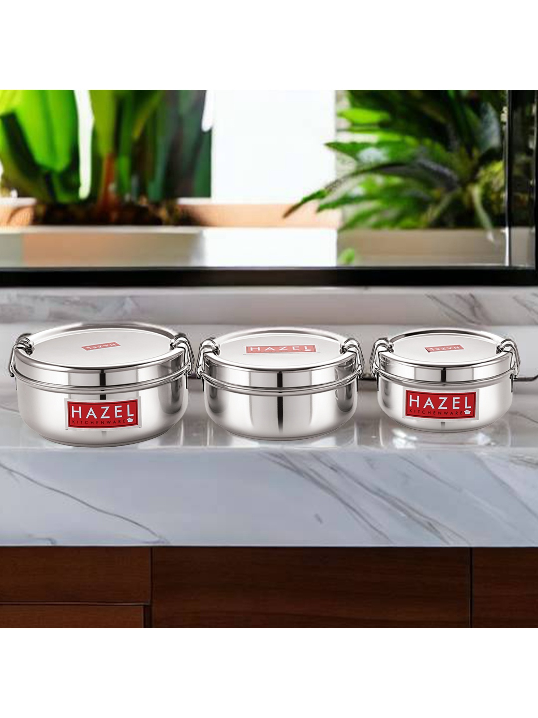 

HAZEL Set Of 3 Stainless Steel Lunch Container with Locking Clip, Silver