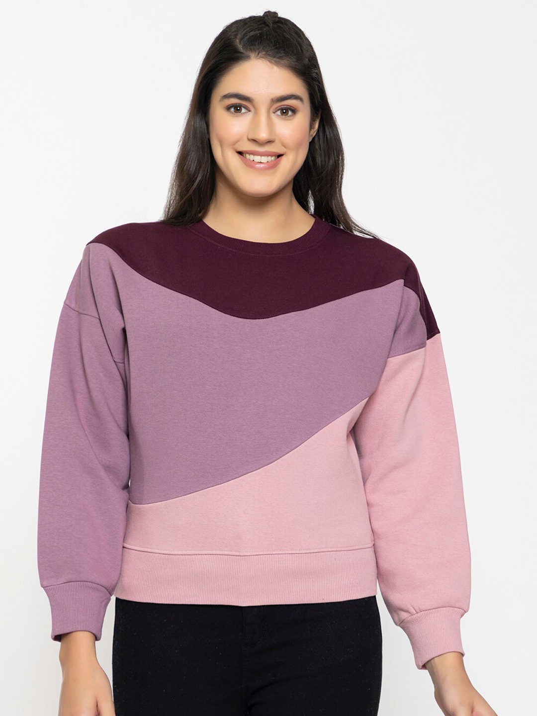 

FEMEA Women Colourblocked Fleece Sweatshirt, Pink