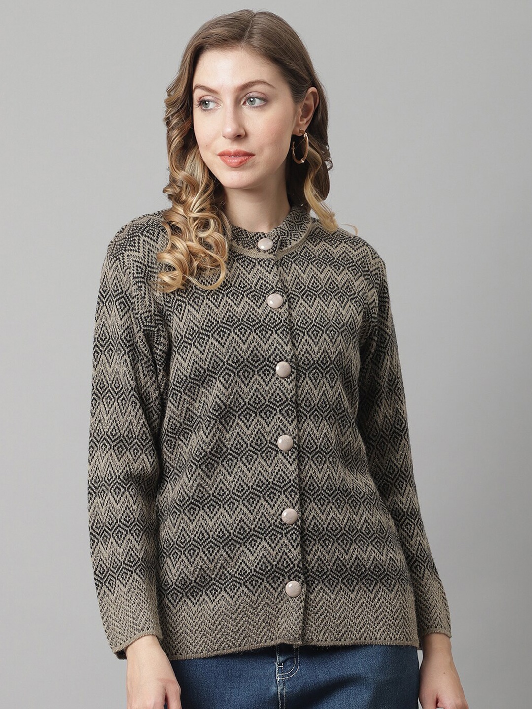 

PERFECT LINE Women Beige & Black Printed Cardigan