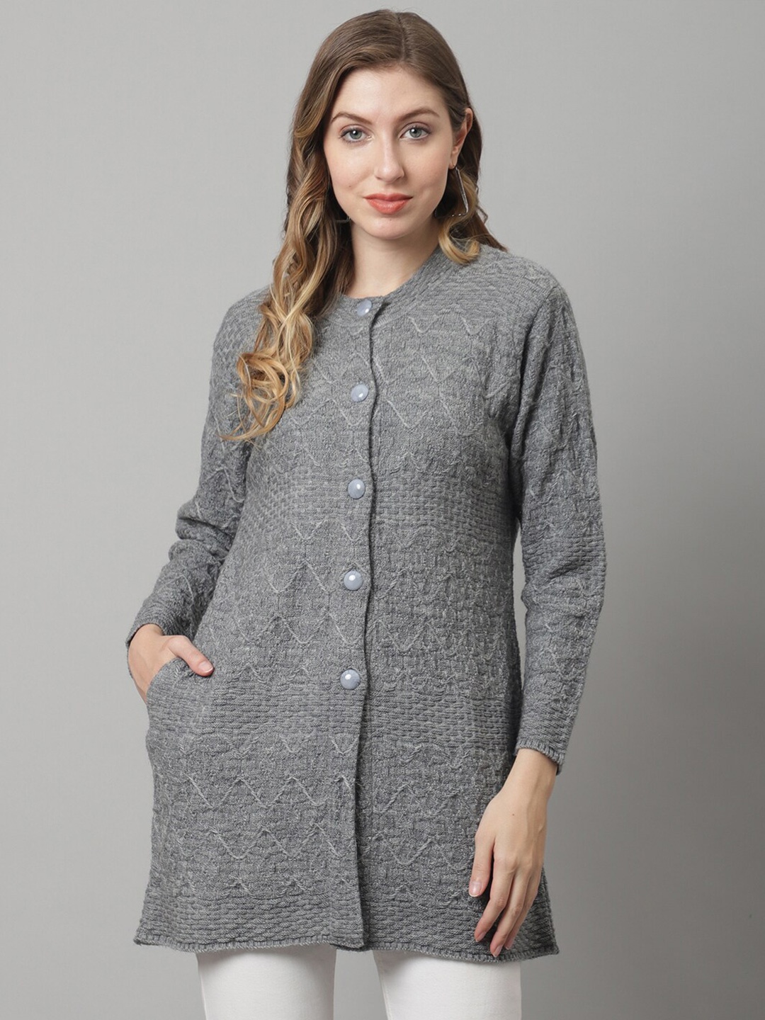 

PERFECT LINE Women Grey Cable Knit Longline Cardigan