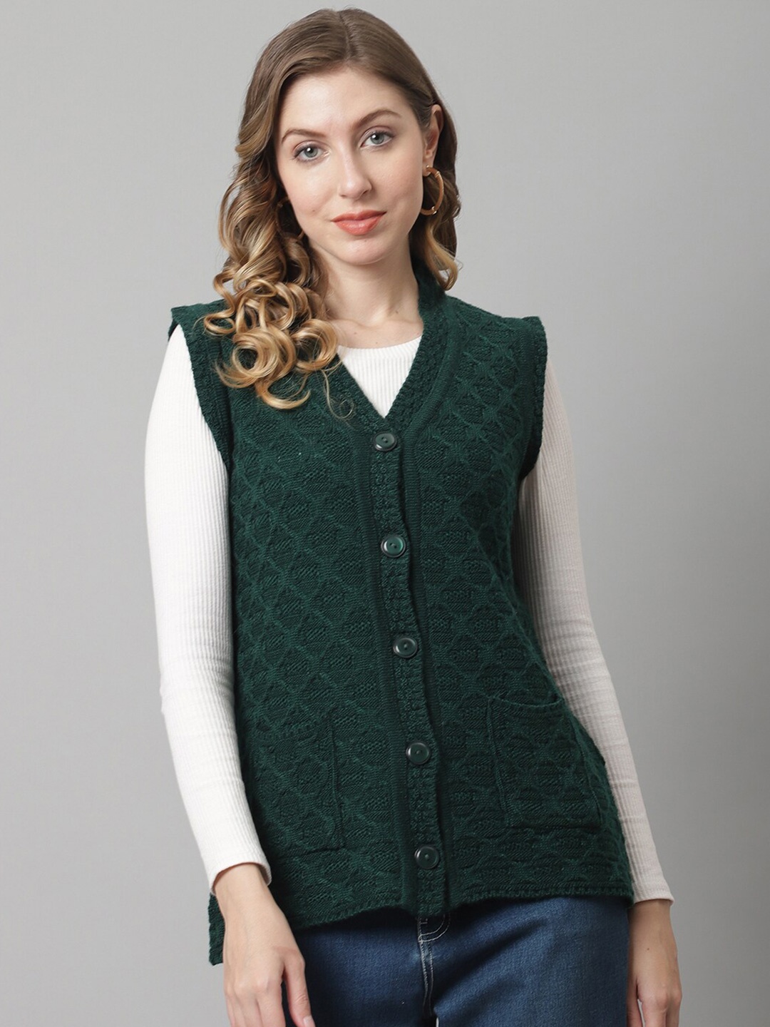 

PERFECT LINE Women Green Cable Knit Cardigan