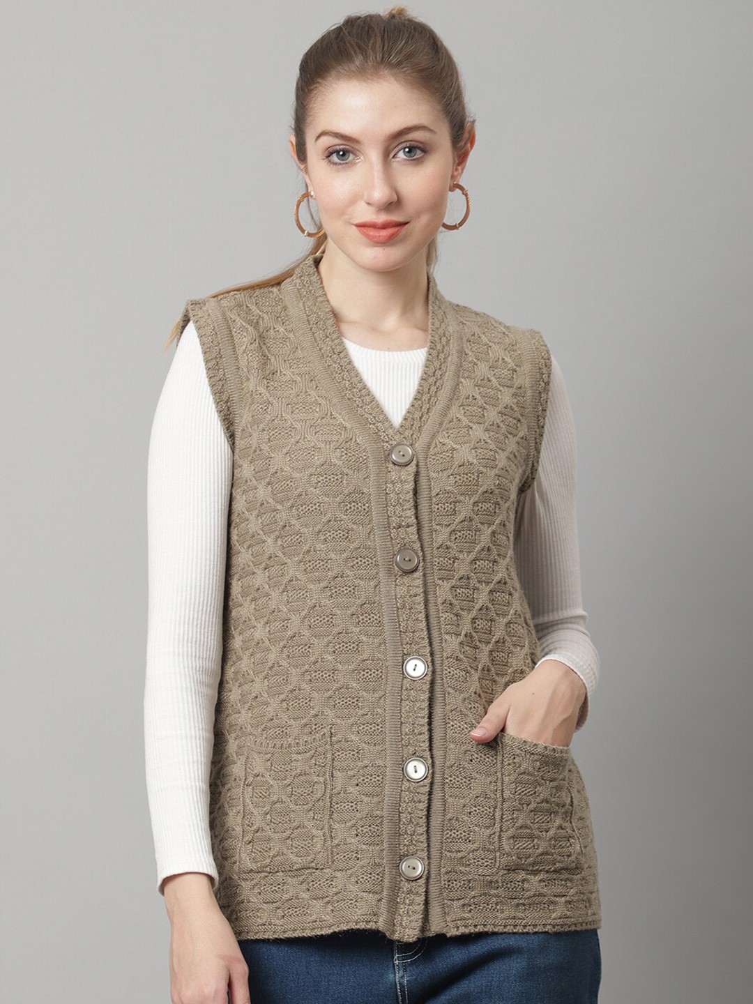 

PERFECT LINE Women Beige Cable Knit Cardigan