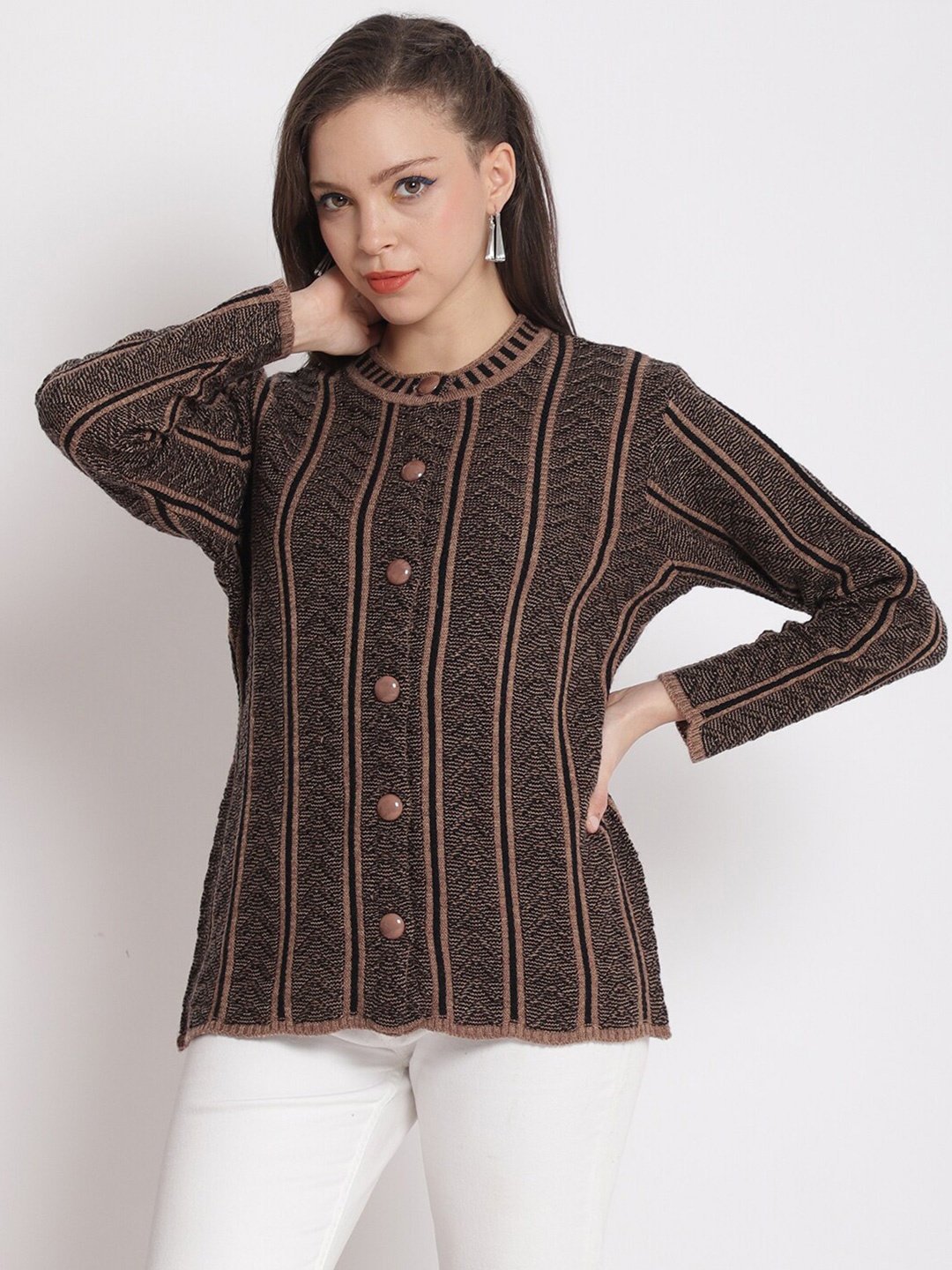 

PERFECT LINE Women Brown Striped Cardigan