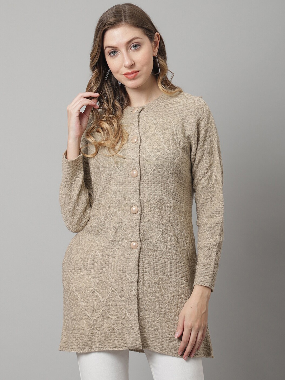 

PERFECT LINE Women Beige Cable Knit Longline Cardigan