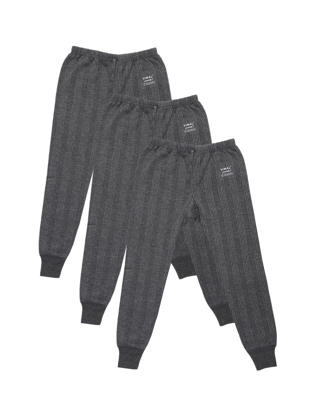 

VIMAL JONNEY Infant Kids Pack Of 3 Grey Striped Cotton Thermal Bottoms, Charcoal