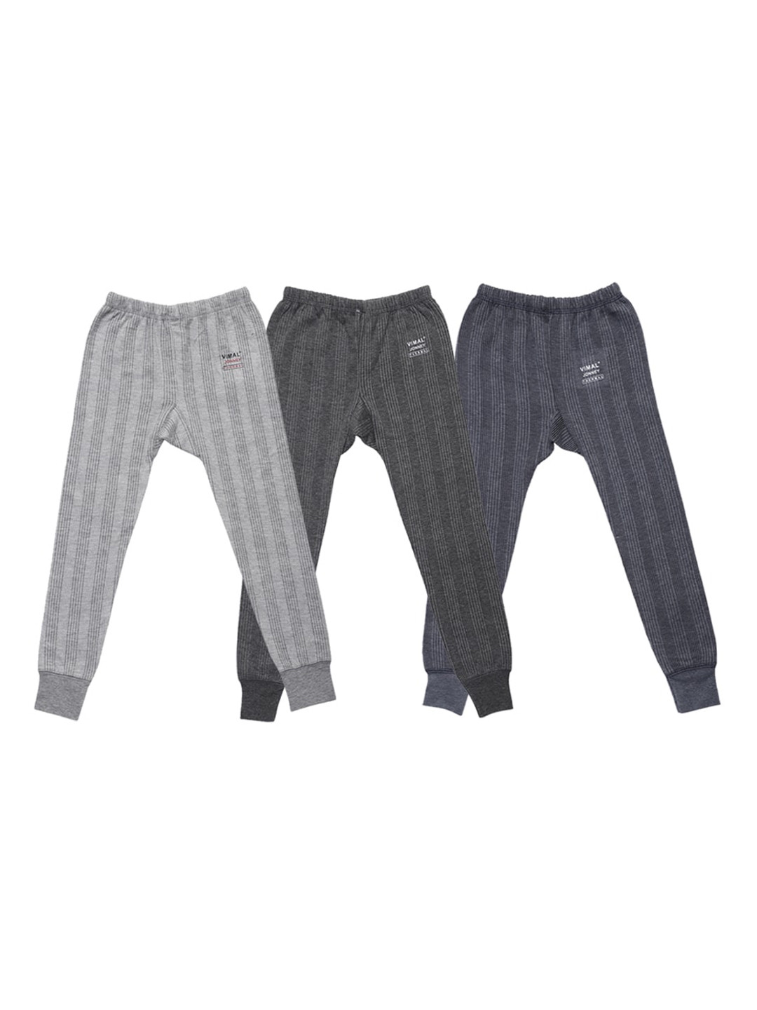 

VIMAL JONNEY Infant Kids Pack Of 3 Striped Cotton Thermal Bottoms, Grey melange