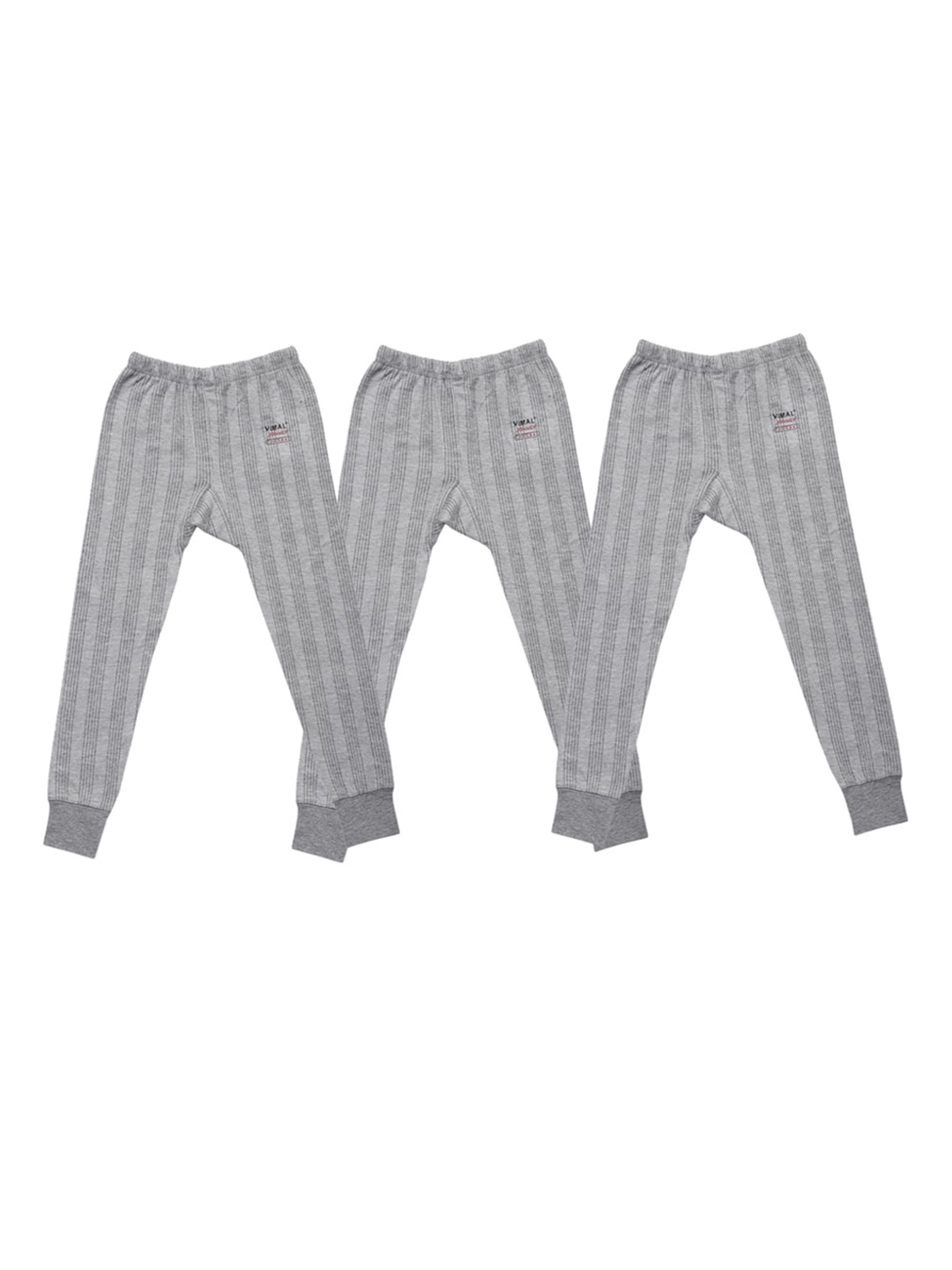 

VIMAL JONNEY Infant Kids Pack Of 3 Striped Cotton Thermal Bottoms, Grey melange