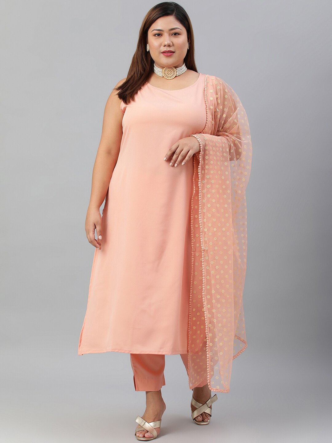 

XL LOVE by Janasya Women Plus Size Sleeveless Kurta with Trousers & Dupatta, Peach