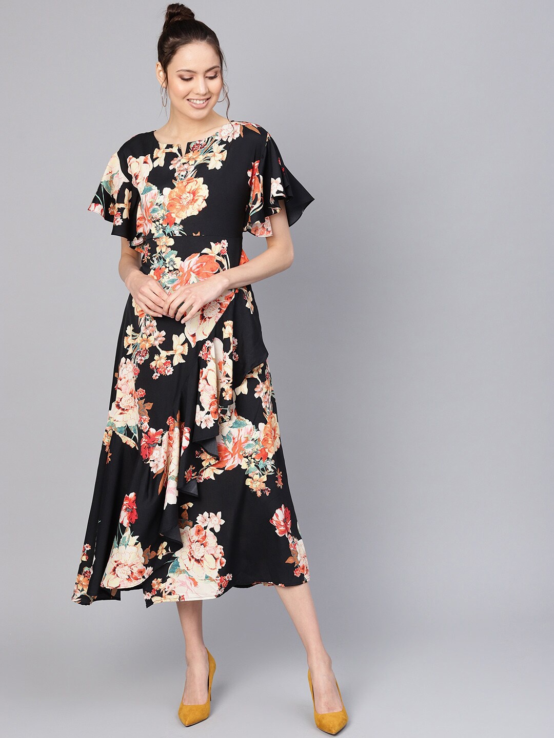 

Ives Floral Layered A-Line Midi Dress, Black