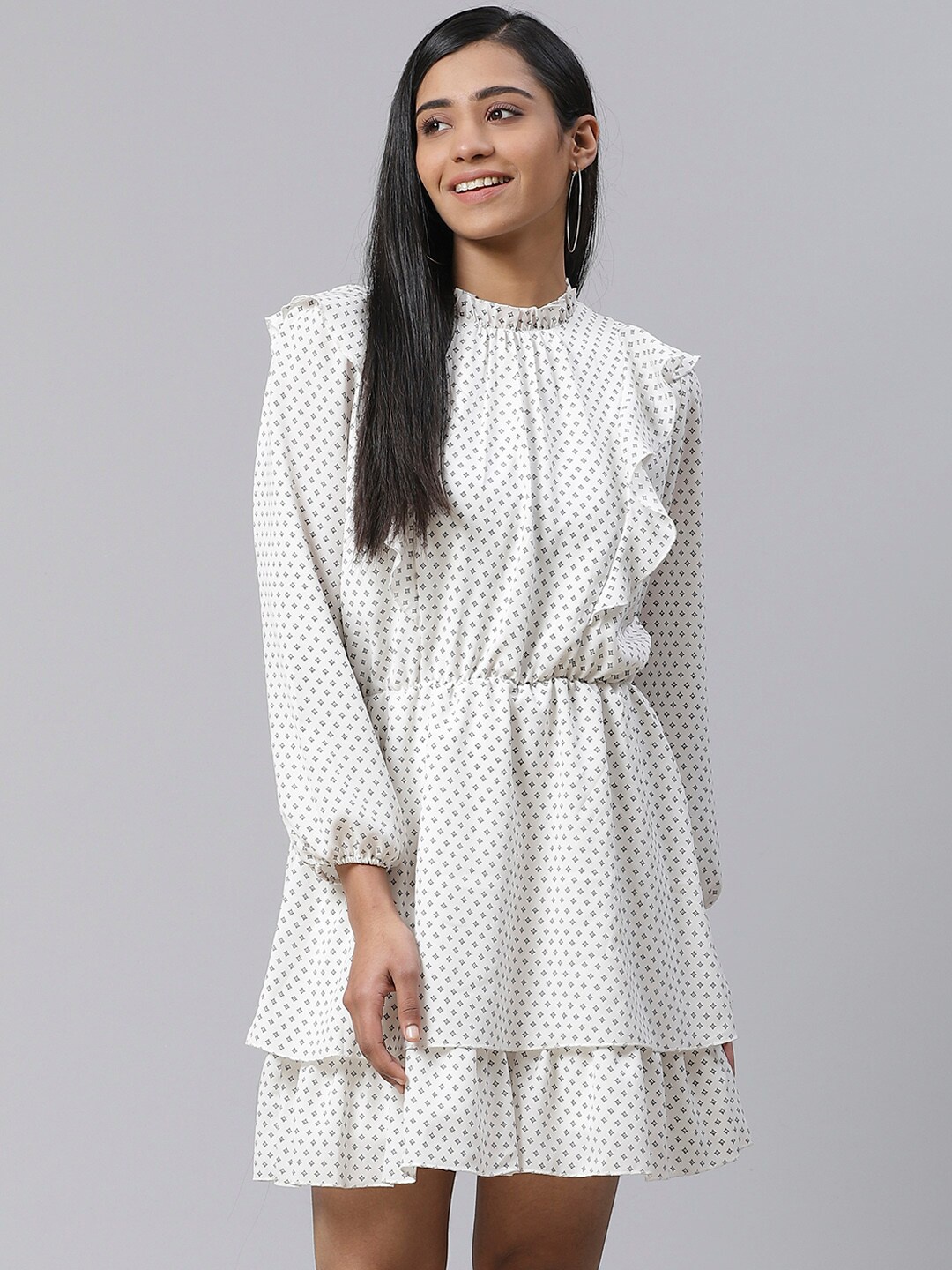 

Ives Geometric Printed Flared Layered Dress, White