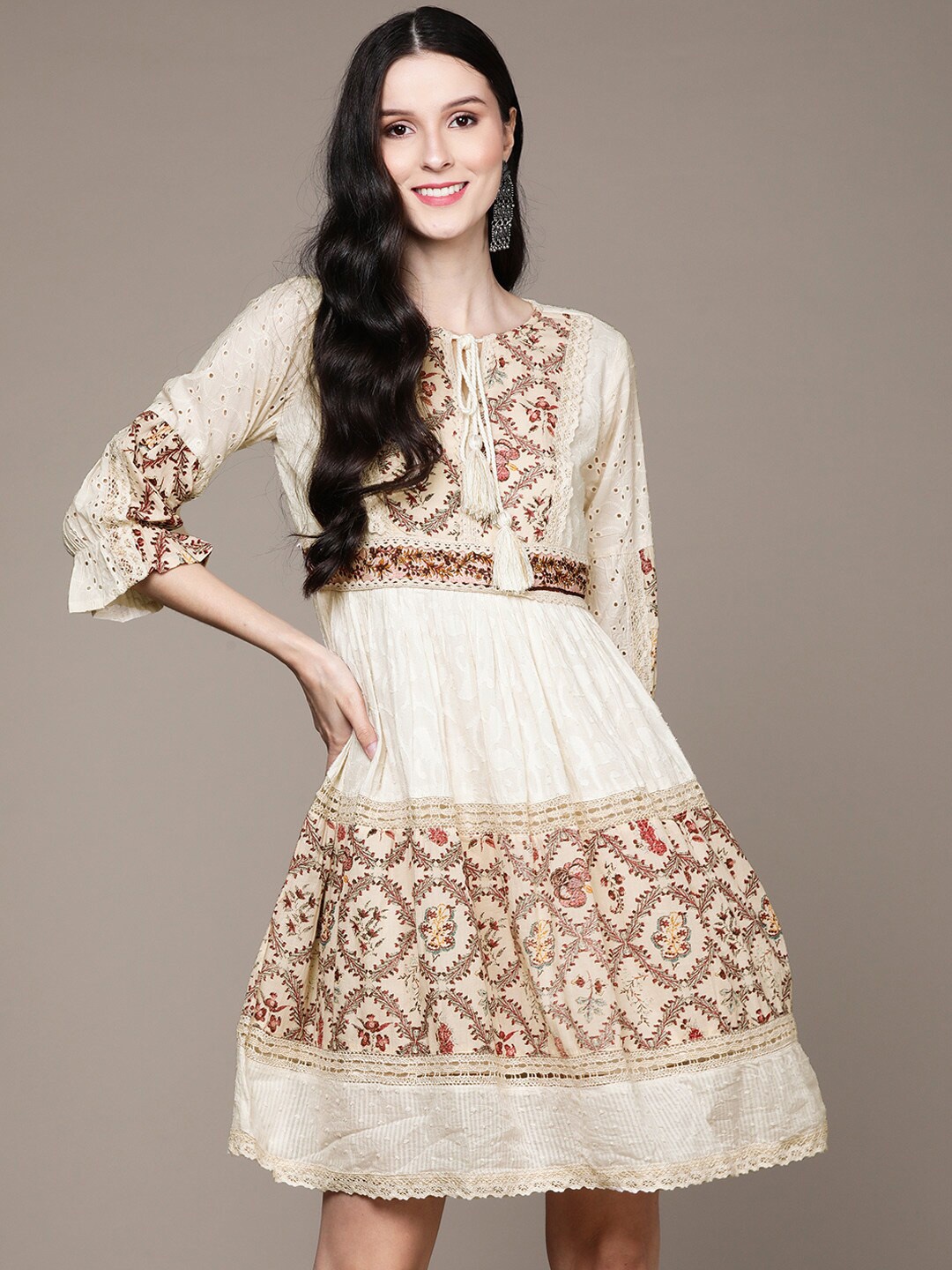 

Ishin Floral Tie-Up Neck Cotton Dress, Cream