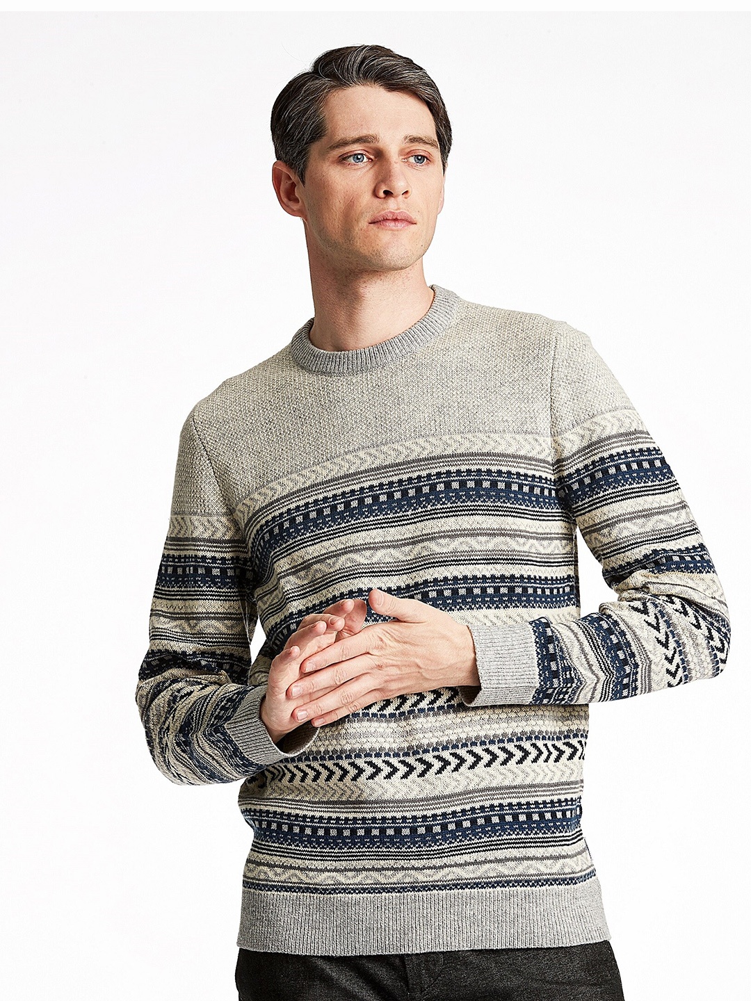 

LINDBERGH Men Grey & Blue Striped Striped Pullover