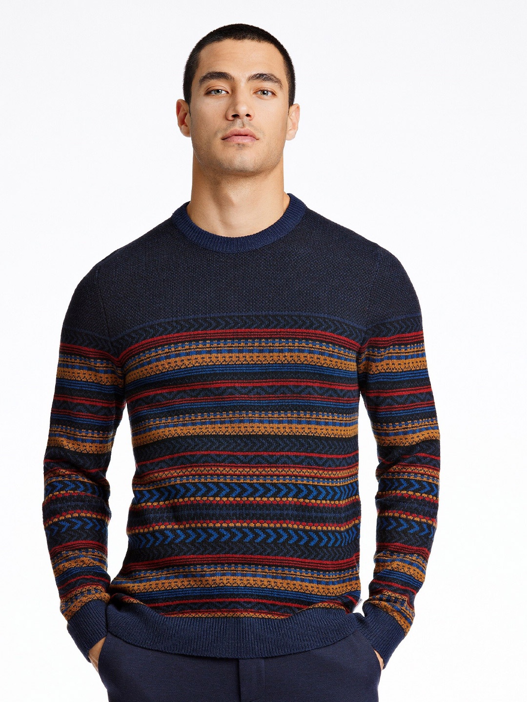 

LINDBERGH Men Navy Blue & Orange Striped Pullover