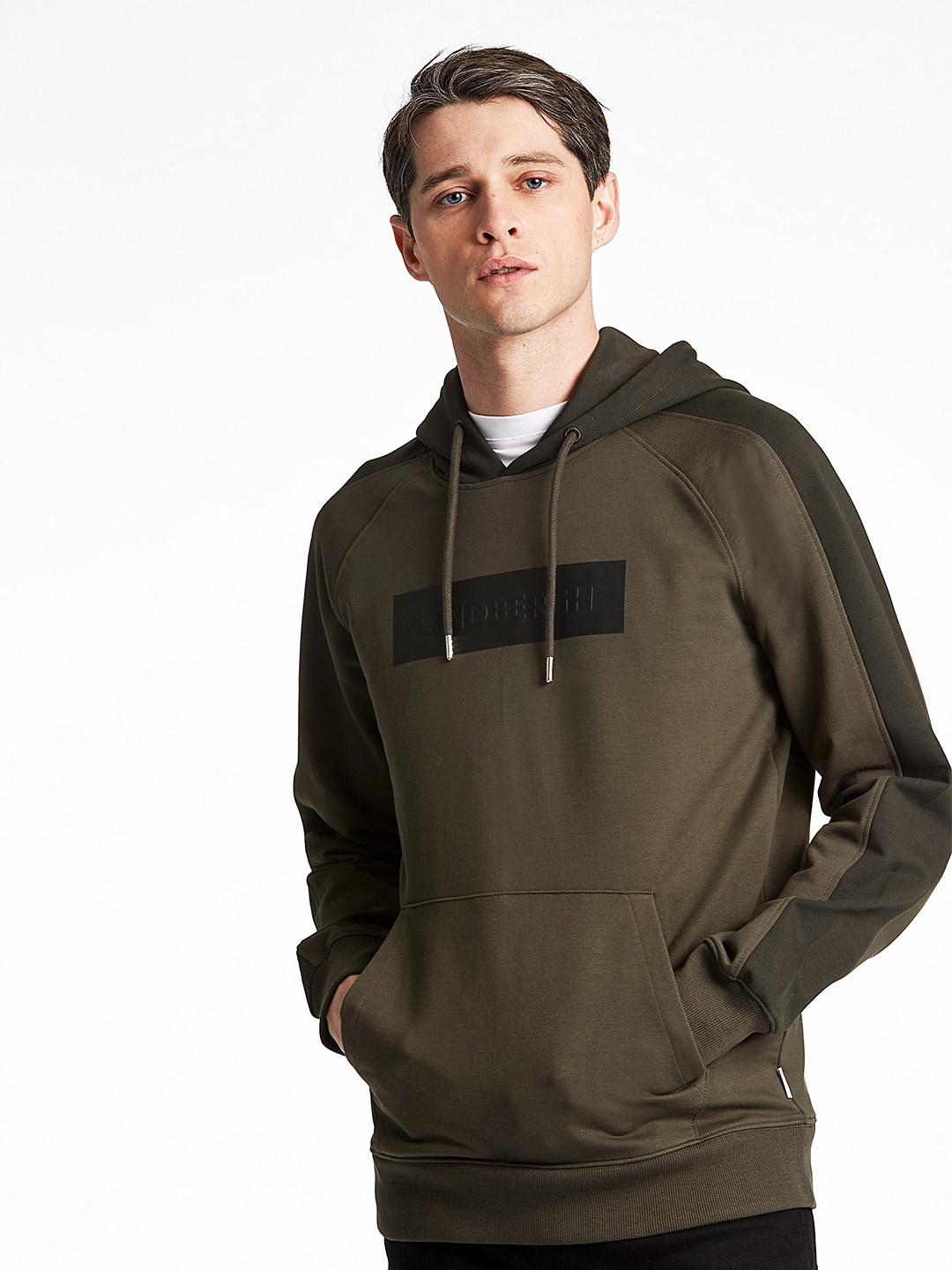 

LINDBERGH Men Olive Green Hooded Cotton Sweatshirt