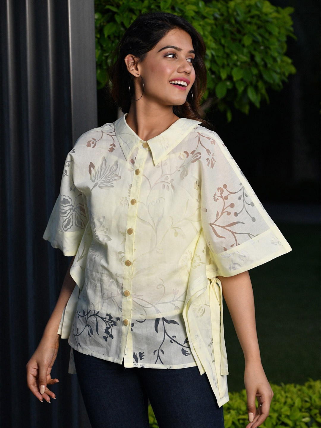 

Aaheli Yellow Mandarin Collar Shirt Style Top