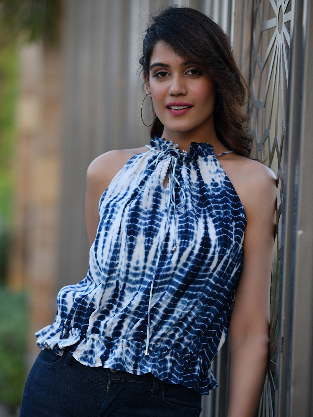 

Aaheli Tie and Dye Halter Neck Peplum Top, Blue