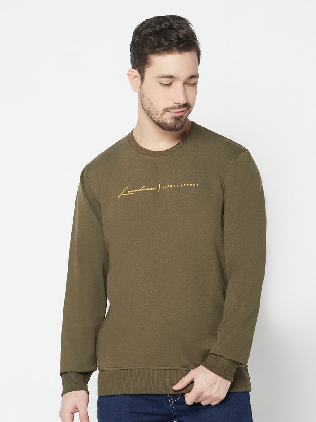 

ELEGANCE Men Solid Cotton Round Neck Sweatshirt, Olive