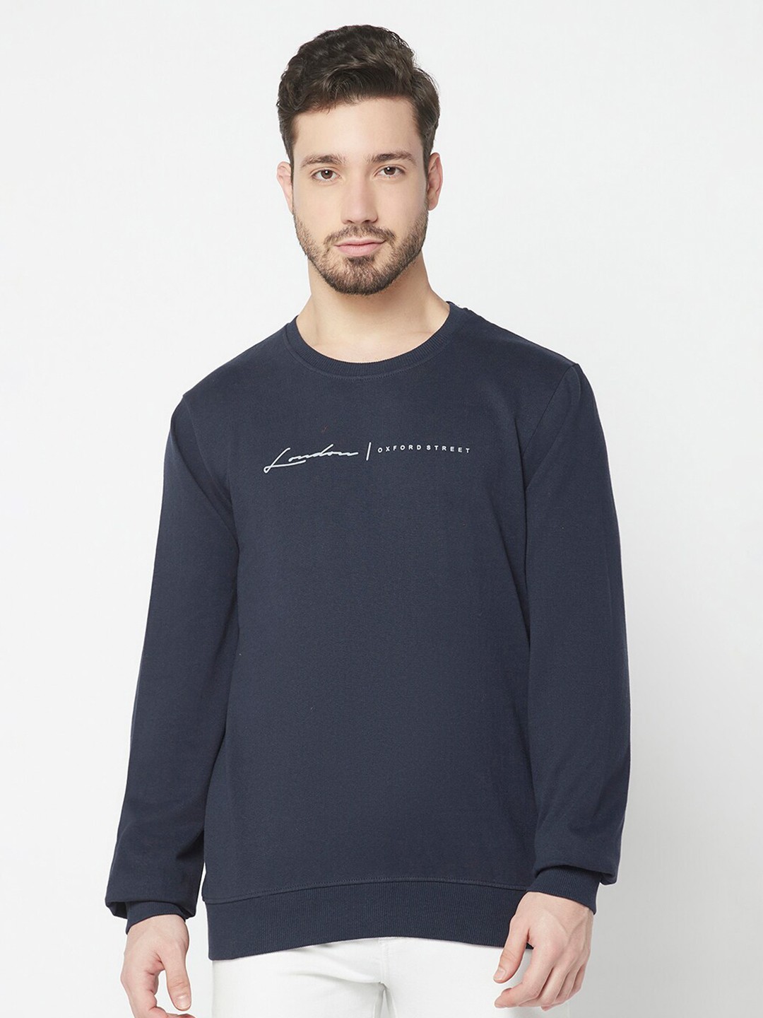 

ELEGANCE Men Solid Cotton Round Neck Sweatshirt, Navy blue