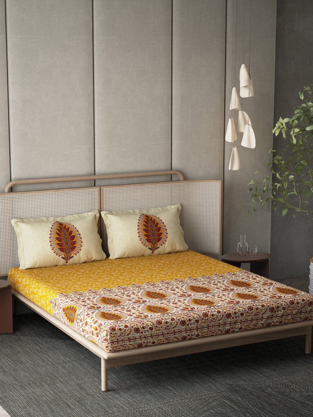 DDecor Yellow & Blue Ethnic Motifs 250 TC King Bedsheet with 2 Pillow Covers