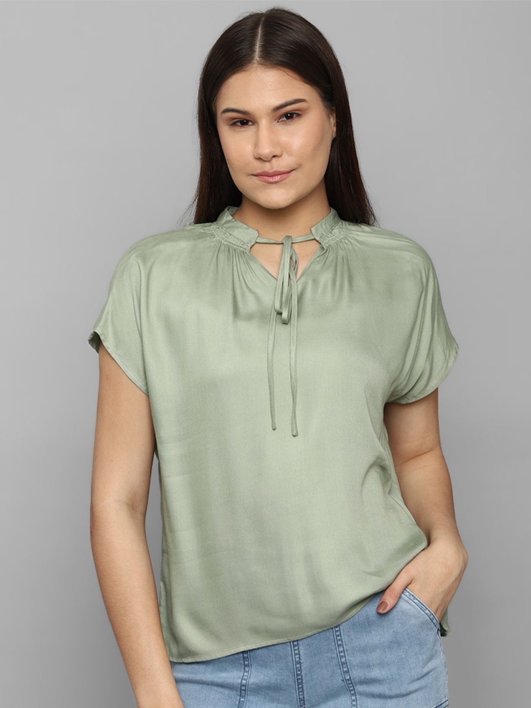 

Allen Solly Tie-Up Neck Extended Sleeves Top, Olive
