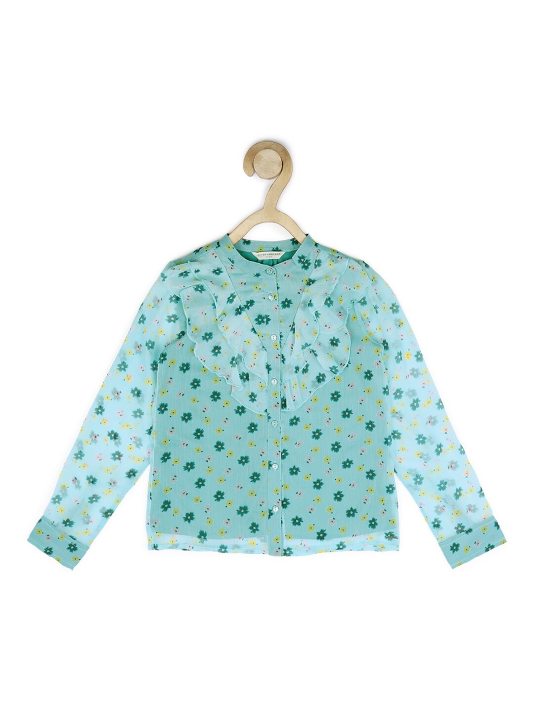 

Peter England Pure Cotton Floral Print Mandarin Collar Ruffles Shirt Style Top, Sea green