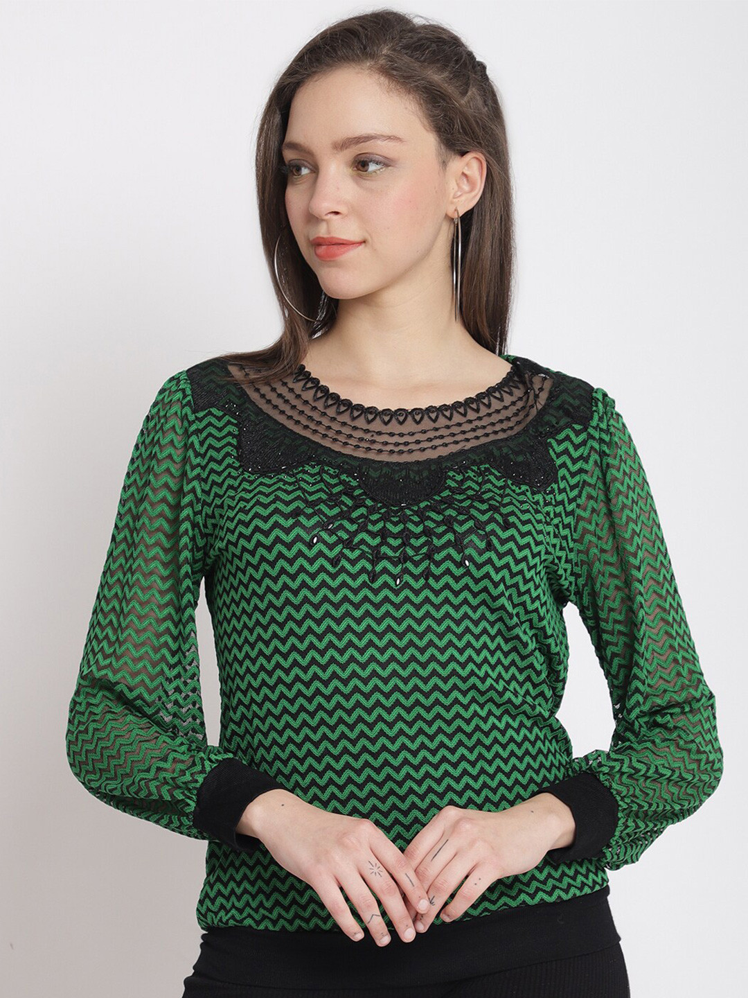 

The Mini NEEDLE Geometric Print Lace Top, Green