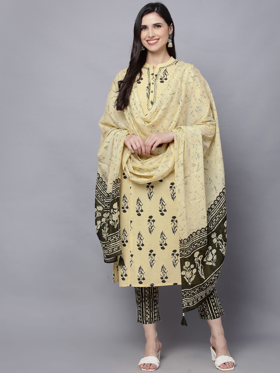 

MAAND Ethnic Motifs Printed Pure Cotton Kurta with Trousers & Dupatta, Yellow