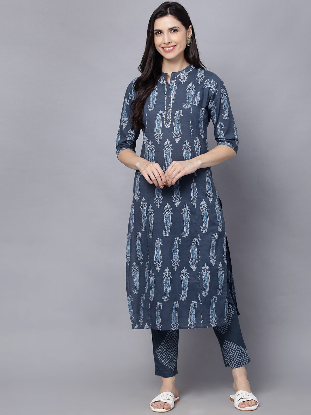 

MAAND Women Paisley Printed Pure Cotton Kurta with Trousers, Navy blue
