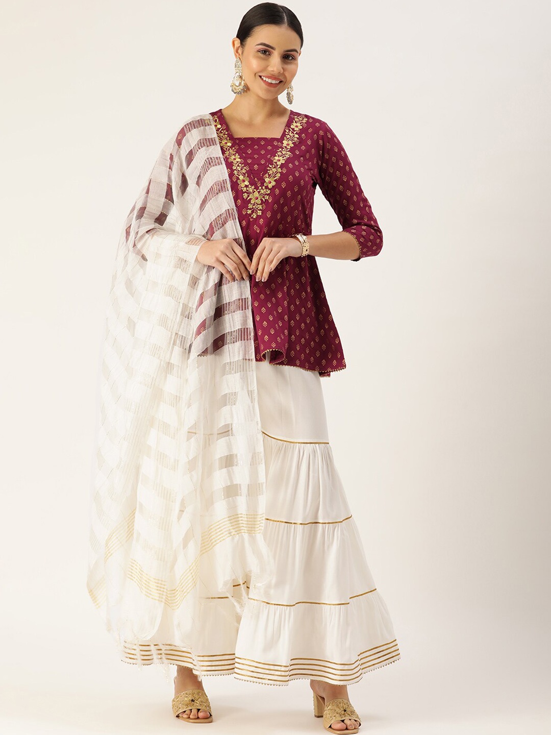 

MAAND Women Floral Embroidered Kurta with Sharara & Dupatta, Maroon