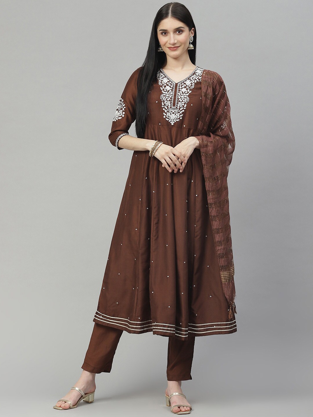 

MAAND Women Embroidered Cotton Kurta with Trousers & Dupatta, Brown
