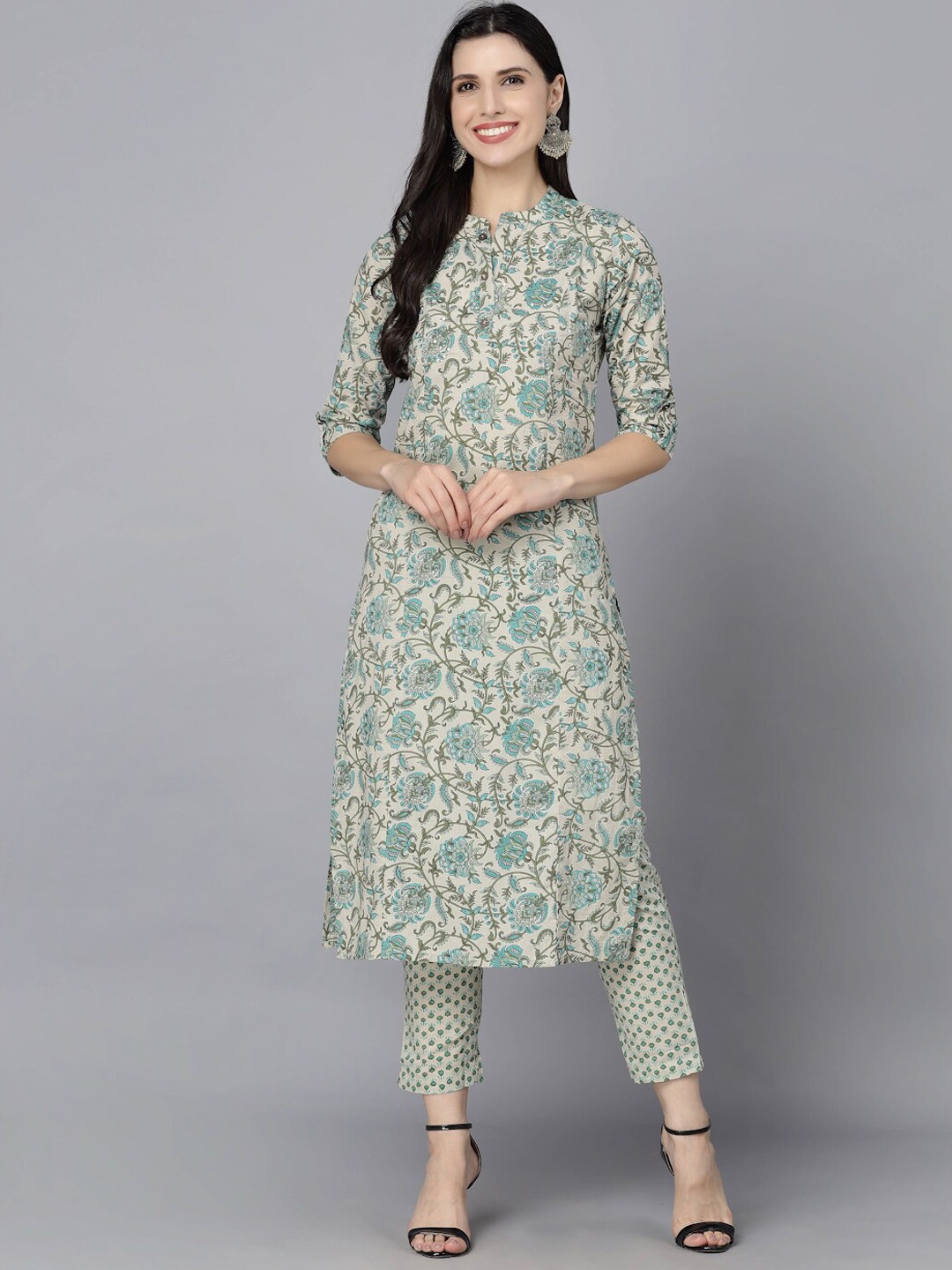 

MAAND Women Floral Printed Pure Cotton Kurta with Trousers, Grey