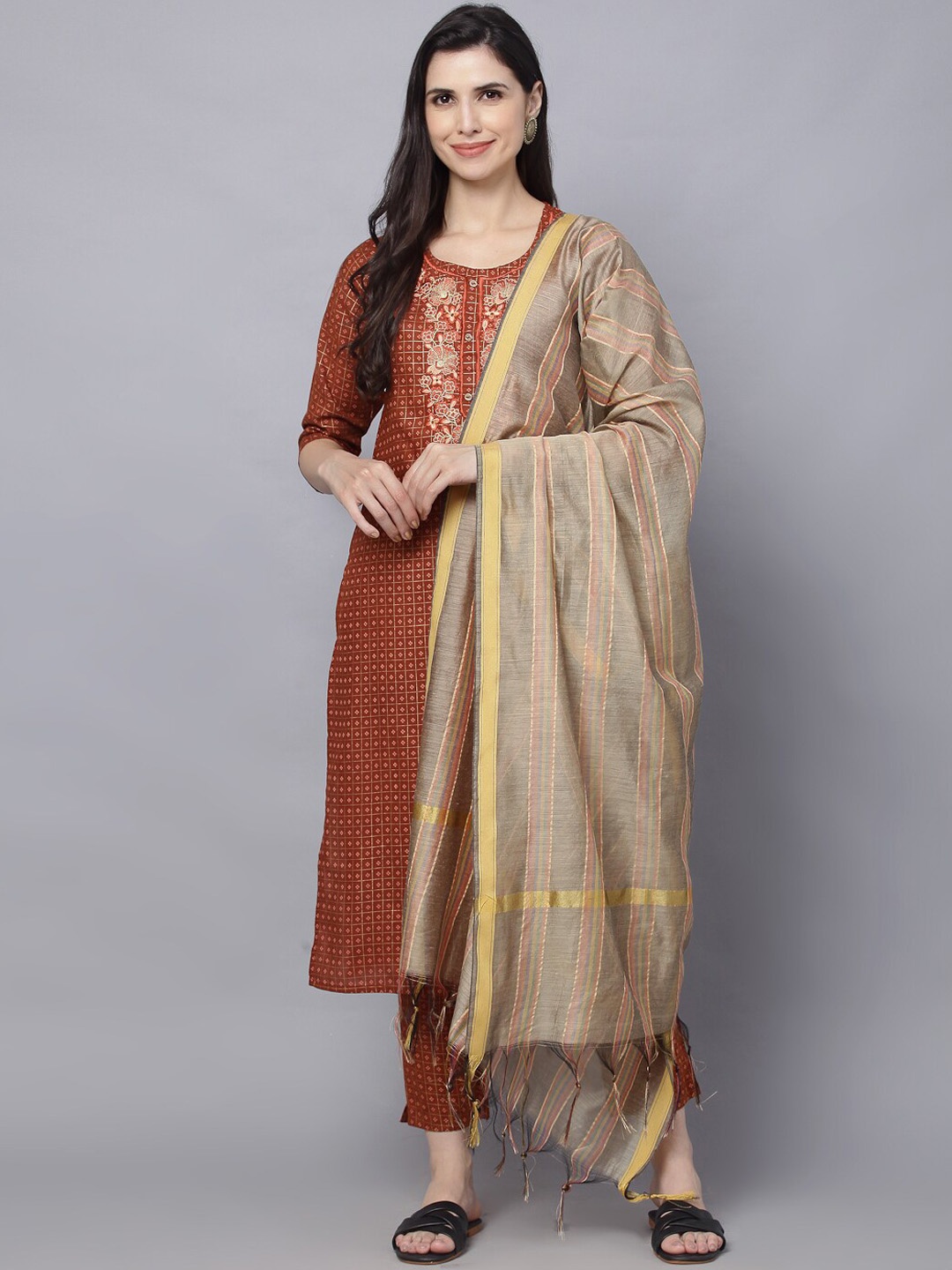

MAAND Women Ethnic Embroidered Pure Cotton Kurta with Trousers & Dupatta, Brown