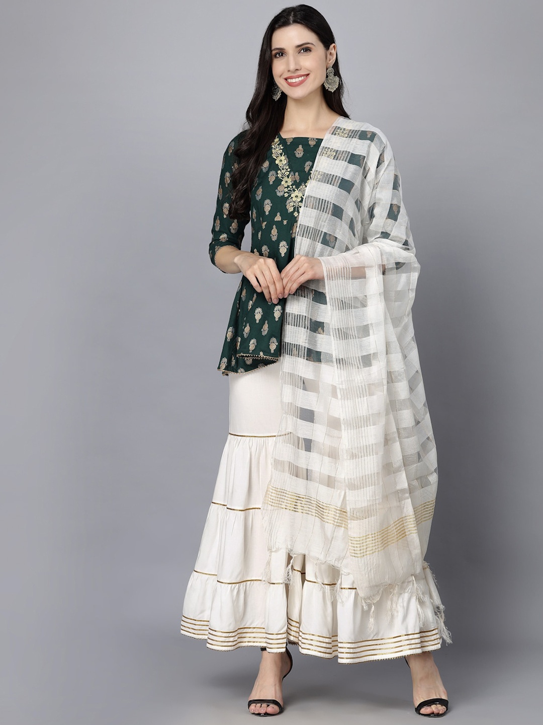 

MAAND Ethnic Motifs Printed A-Line Kurti with Sharara & With Dupatta, Green