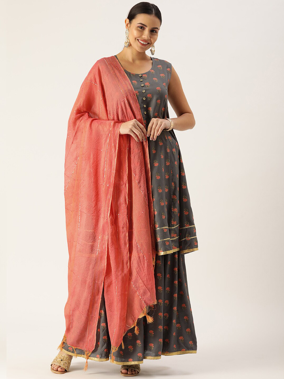 

MAAND Women Sleeveless Floral Printed Kurta with Sharara & Dupatta, Grey
