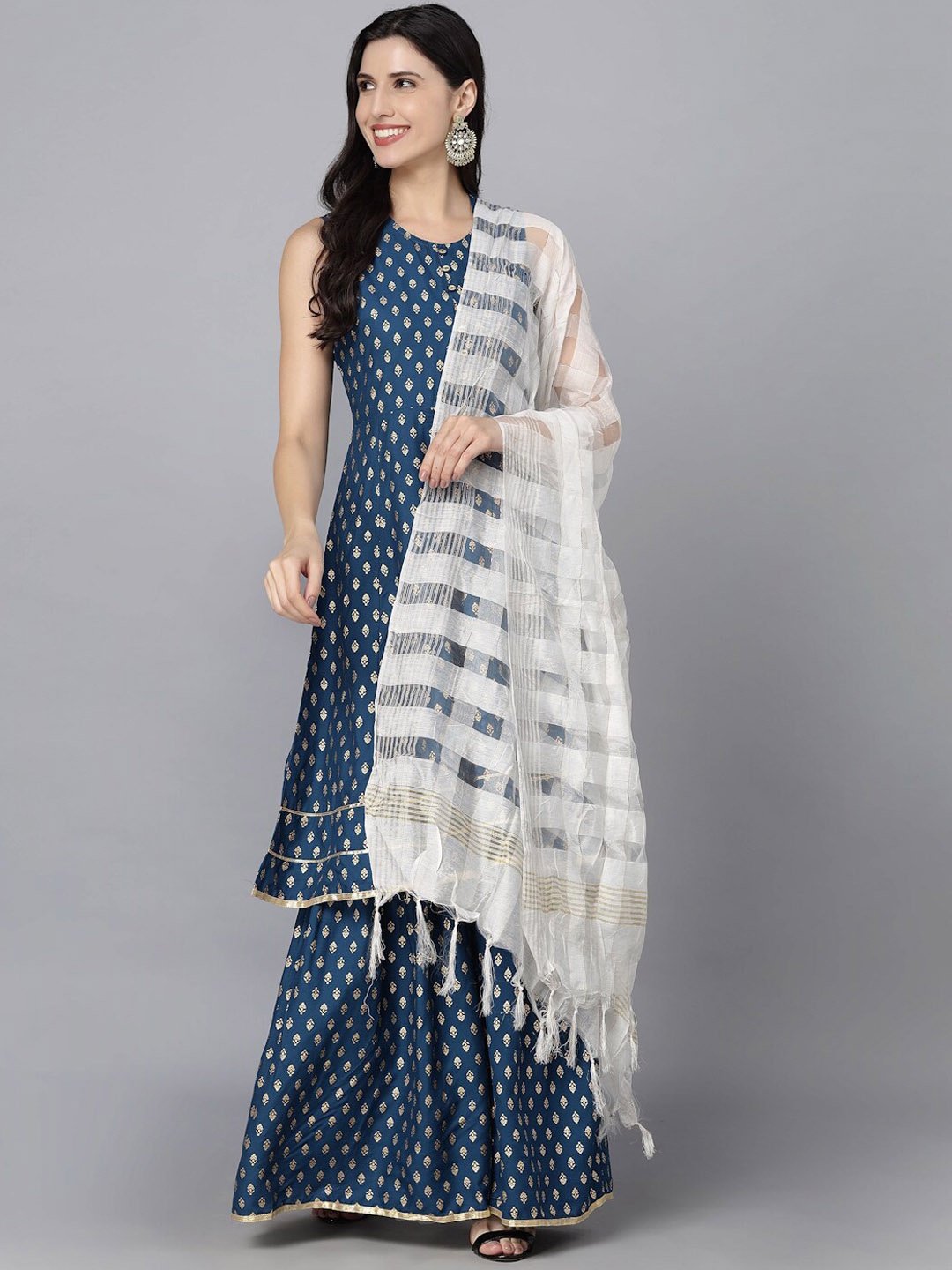 

MAAND Women Ethnic Printed Kurta with Sharara & Dupatta, Blue