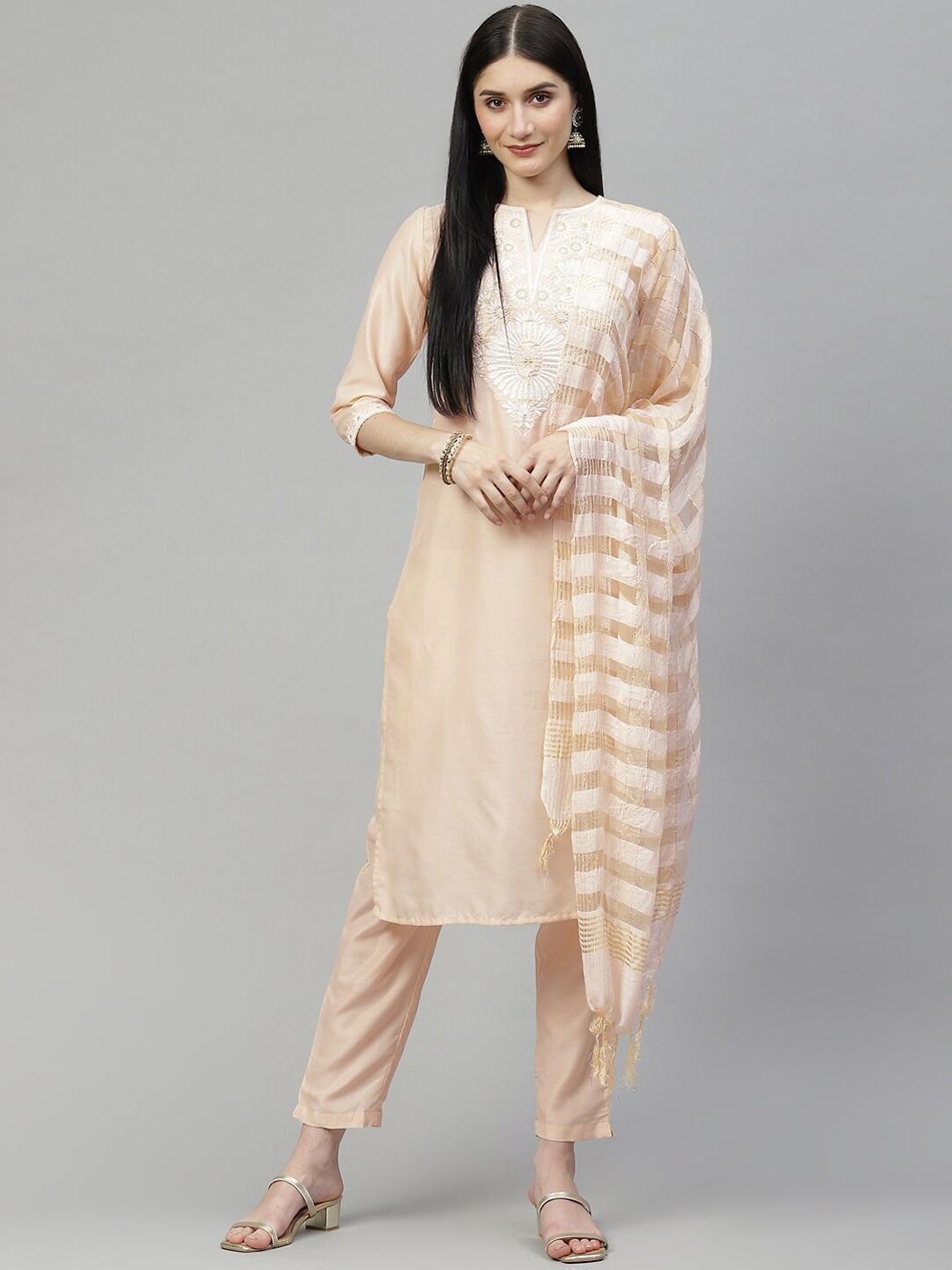 

MAAND Women Embroidered Cotton Kurta with Trousers & Dupatta, Cream