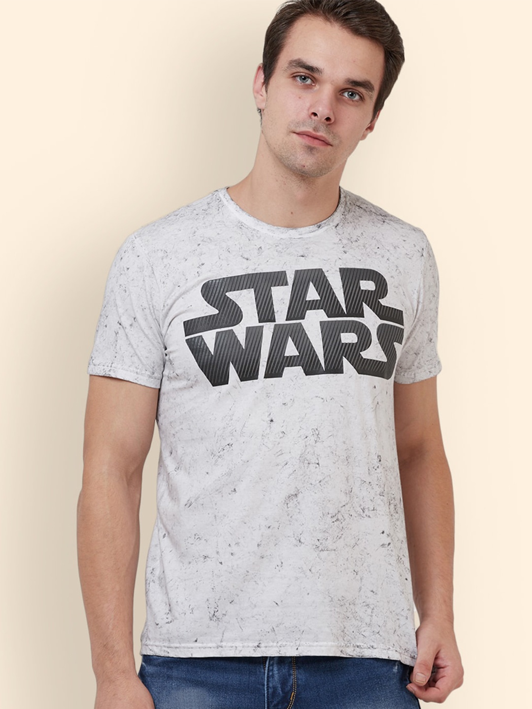 

Free Authority Men Star Wars Printed Raw Edge Cotton T-shirt, Grey