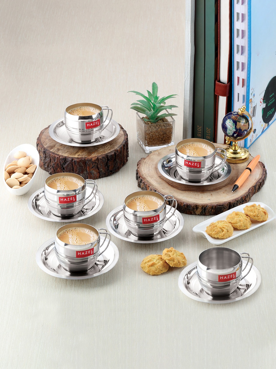 

HAZEL Silver-Toned Set Of 12 Stainless Steel Glossy Cups and Saucers Set
