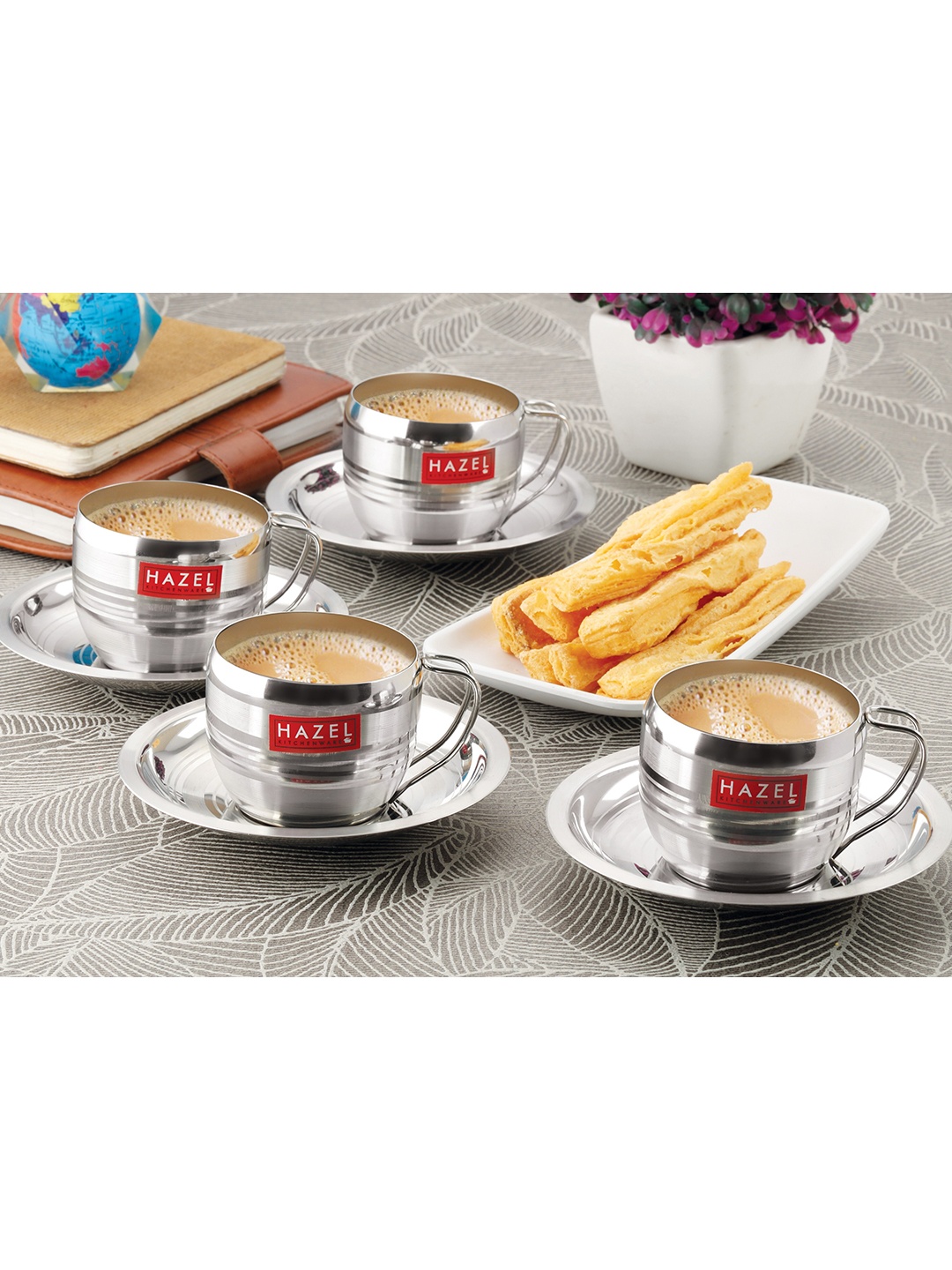 

HAZEL Silver-Toned Set Of 8 Printed Stainless Steel Matte Cups and Saucers Set