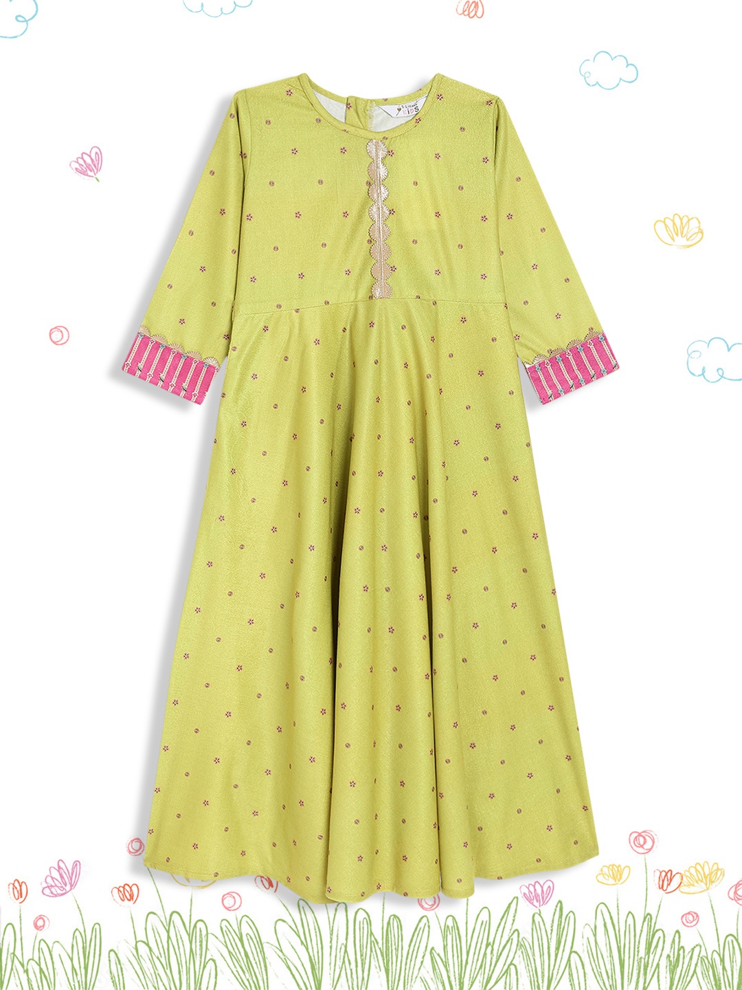 

Ahalyaa Girls Printed A-Line Velvet Maxi Ethnic Dress, Yellow