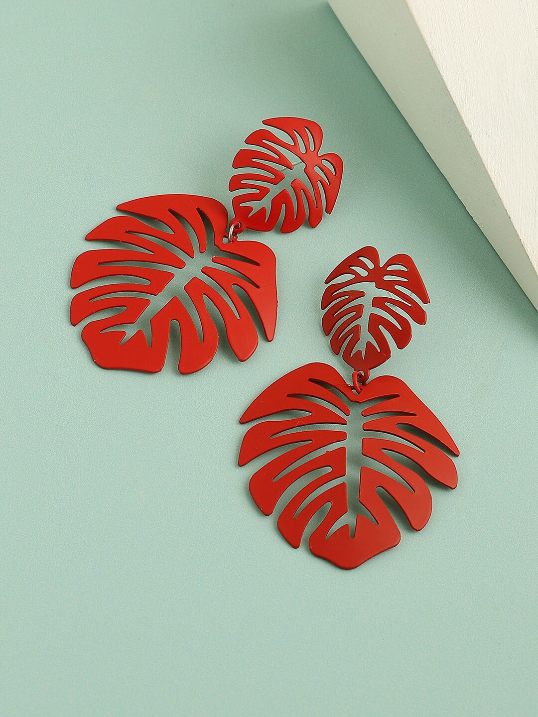 

SOHI Leaf Shaped Drop Earrings, Red